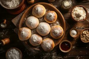 ai generato un' piatto di appena fatto sufganiyot trattare quello siamo pieno con gelatina o marmellata e spolverato con in polvere zucchero, è tradizionale ebraico ciambelle durante hanukkah celebrazione. foto