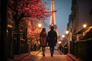 ai generato romantico parigino strada a crepuscolo, San Valentino giorno, coppie a piedi mano nel mano, grande Torre nel il sfondo, strade ornato con rosso e rosa fiori foto