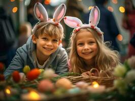 ai generato Candido bambini indossare coniglietto orecchie e pittura Pasqua uova, loro facce illuminato su con sorrisi, cattura il innocenza e felicità di Pasqua feste foto
