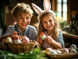 ai generato Candido bambini indossare coniglietto orecchie e pittura Pasqua uova, loro facce illuminato su con sorrisi, cattura il innocenza e felicità di Pasqua feste foto