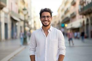 ai generato sorridente caucasico uomo a strada foto