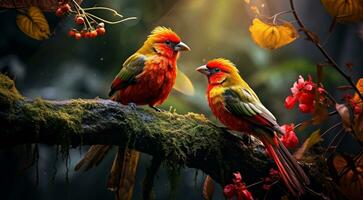 ai generato avvicinamento di atropicale selvaggio uccello nel il foresta, tropicale selvaggio uccello, selvaggio uccello nel il foresta, uccello seduta su il albero foto