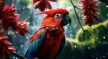 ai generato avvicinamento di atropicale selvaggio uccello nel il foresta, tropicale selvaggio uccello, selvaggio uccello nel il foresta, uccello seduta su il albero foto