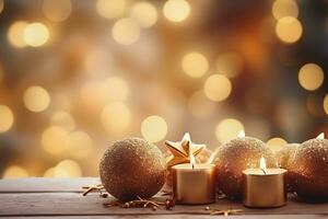 ai generato allegro Natale e contento nuovo anno, vacanze saluto carta con sfocato bokeh sfondo foto