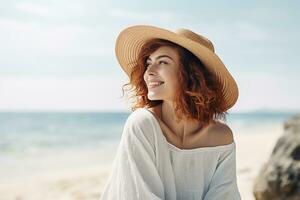 ai generato avvicinamento tiro di giovane contento donna estate vacanza a il spiaggia foto