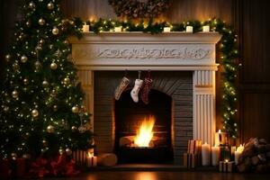 ai generato Visualizza di meravigliosamente decorato Natale albero nel casa foto