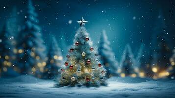 Natale albero nel nevoso foresta con i regali. inverno vacanza sfondo foto