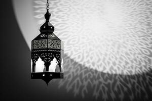 ai generato ornamentale Arabo lanterna raggiante per musulmano santo mese Ramadan kareem foto