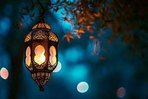 ai generato un illuminato Arabo colorato sospeso Ramadan lanterna foto