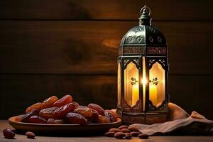 ai generato ornamentale Arabo lanterna raggiante per musulmano santo mese Ramadan kareem foto