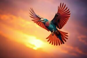 ai generato congelare il eleganza di un' uccello a metà volo, Ali diffusione contro un' colorato cielo foto