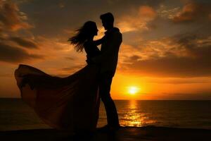 ai generato un' silhouette di un' coppia Abbracciare una persona contro il fondale di un' bellissimo tramonto foto