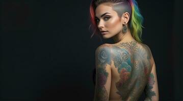 ai generato ritratto di un' donna con un' corpo pieno di artistico tatuaggi foto