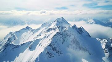 ai generato panorama di il montagne, Visualizza a partire dal il superiore di il montagna, nevoso montagna, neve coperto montagne nel inverno foto