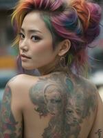 ai generato ritratto di un' donna con un' corpo pieno di artistico tatuaggi foto