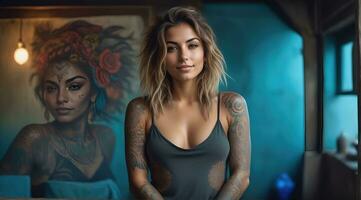 ai generato ritratto di un' donna con un' corpo pieno di artistico tatuaggi foto