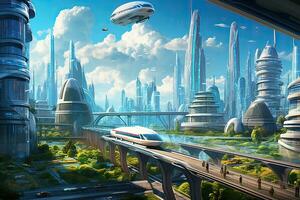 ai generato futuro città con alta velocità treno nel il cielo. 3d rendering, ai generato foto