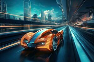 ai generato futuristico auto su il strada con movimento sfocatura sfondo. 3d rendering, ai generato foto