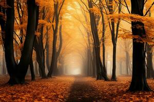 ai generato autunno foresta nel il mattina nebbia. bellissimo natura scena con sentiero, ai generato foto