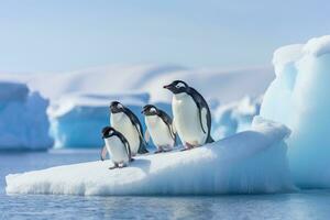 ai generato gruppo di pinguini su il ghiaccio lastrone, antartico penisola, Antartide, un' famiglia di pinguini ondeggiante al di sopra di un ghiacciato terreno, ai generato foto