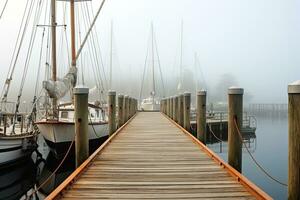 ai generato di legno molo nel il nebbioso mattina. yachts e Barche, ai generato foto
