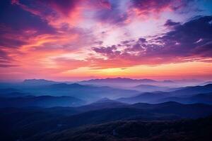 ai generato colorato Alba nel il montagne. Visualizza a partire dal il superiore di il montagna, ai generato foto