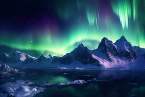 ai generato aurora boreale, settentrionale luci al di sopra di lago nel inverno notte, ai generato foto