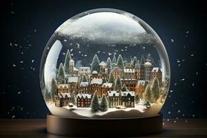 ai generato neve globo con Natale cittadina su buio sfondo. Natale concetto, ai generato foto