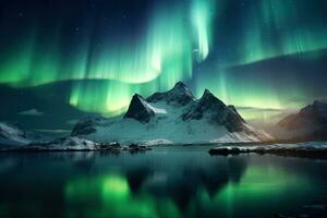 ai generato aurora boreale, settentrionale luci al di sopra di fiordo e montagne, ai generato foto
