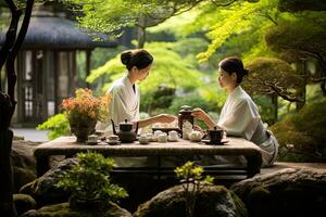 ai generato giapponese coppia seduta a un' tavolo nel il giapponese giardino, lettura un' prenotare, ai generato foto