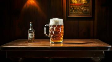 ai generato bicchiere di birra su astratto sfondo, birra sfondo, bicchiere di birra nel il scuro, birra con schiuma, alcolizzato bevanda su buio sfondo foto