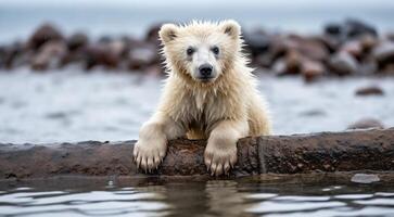 ai generato polare orso nel il neve, polare orso nel il lago, bianca orso nel il natura, polare orso nel il polare regioni, avvicinamento di bianca orso foto