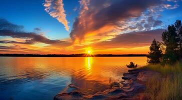 ai generato tramonto al di sopra di il oceano, tramonto al di sopra di il mare, fantastico tramonto scena al di sopra di il oceano, sole riflessione su il lago, d'oro tempo foto