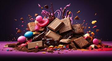 ai generato dolci su il astratto sfondo, biscotti su il tavolo, dolci, cioccolato, colorato sfondo, delizioso dolci, dolce sfondo bandiera foto