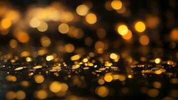 ai generato d'oro bokeh, pioggia luce, sfocato luci, notte luci, città luci, il giro bokeh, sfocato sfondo, oro confettis su un' nero sfondo, giallo e arancia, cerchio bokeh foto