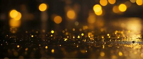 ai generato d'oro bokeh, pioggia luce, sfocato luci, notte luci, città luci, il giro bokeh, sfocato sfondo, oro confettis su un' nero sfondo, giallo e arancia, cerchio bokeh foto