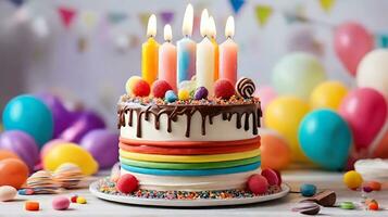 ai generato compleanno torta con candele, compleanno festa per figli, cioccolato, zucchero e caramelle, candele, dolce, bambini avendo divertimento, colorato torta, arcobaleno, multicolore palloncini e brilla. foto