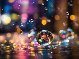 ai generato sfocato coriandoli, acqua bolle, pioggia, sfocato, notte, città luci, sfocato sfondo, bokeh luci, profondità di campo, astratto sfondo, multicolore, arcobaleno, città Natale luce, foto