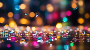 ai generato sfocato coriandoli, acqua bolle, pioggia, sfocato, notte, città luci, sfocato sfondo, bokeh luci, profondità di campo, astratto sfondo, multicolore, arcobaleno, città Natale luce, foto