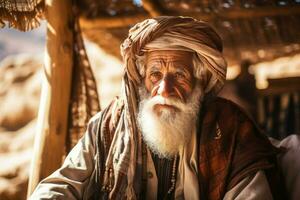 ai generato saggio vecchio arabo villaggio vecchio uomo. creare ai foto
