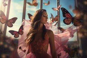 ai generato donna nel rosa vestito circondato con farfalle. creare ai foto