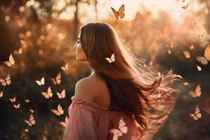 ai generato affascinante donna nel rosa vestito tra farfalle. creare ai foto