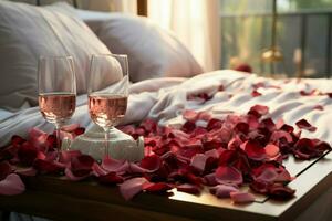 ai generato elegante gesto rosa petali su il letto aggiungendo un' toccare di lusso e romanza ai generato foto