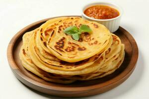 ai generato piatto ornato con parata, Canai, o roti maryam prima colazione piatto foto