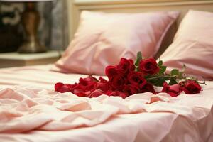 ai generato Hotel romanza letto ornato con rosa petali la creazione di un' romantico ambientazione ai generato foto