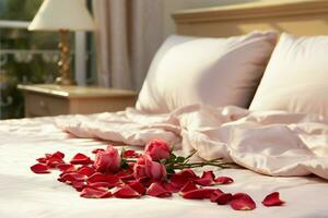 ai generato elegante gesto rosa petali su il letto aggiungendo un' toccare di lusso e romanza ai generato foto