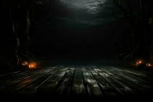 ai generato misterioso Halloween ambiance buio orrore sfondo con vacante di legno tavole ai generato foto