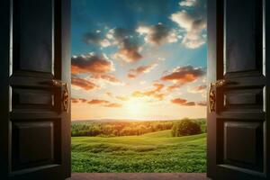 ai generato porta per natura aprire, rivelatrice Alba cielo e verde prato foto