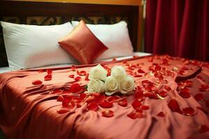 ai generato elegante gesto rosa petali su il letto aggiungendo un' toccare di lusso e romanza ai generato foto