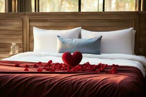 ai generato Hotel romanza letto ornato con rosa petali la creazione di un' romantico ambientazione ai generato foto